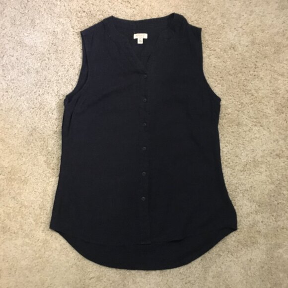 Navy Blue Linen Blend Button Down Sleeveless Top - Picture 7 of 11